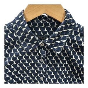 Talbots Top Shirt Size 2P Dog Print Blue Long Roll Tab Sleeves Button Up Lab